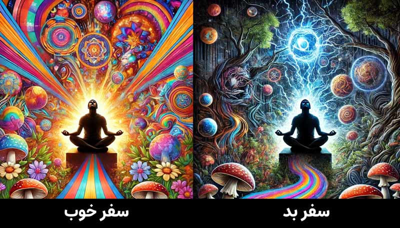 contrast between a good trip and a bad trip from magic mushrooms (psilocybin mushrooms). On the left side, a person is depic
